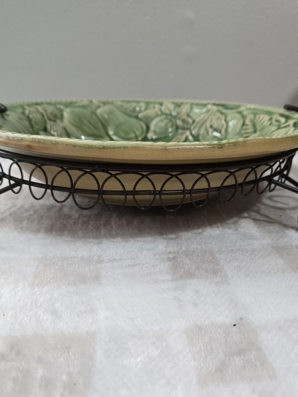 VintageGreen Round Floral Ceramic Tray 15 in w/ Black Metal Stand Handles Glossy
